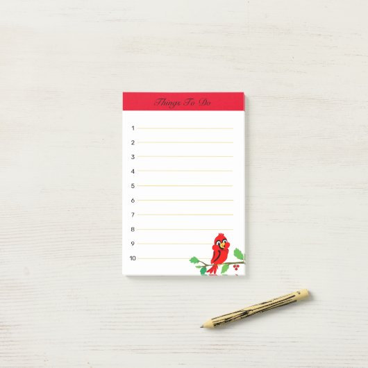 Niedliche Rot-Kardinal-Birdy-Dinge zu tun Post-it Klebezettel (Auf Schreibtisch)