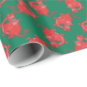 Niedliche rote Drachen auf dunklem grünem Umschlag Geschenkpapier (Rolleneckpunkt)