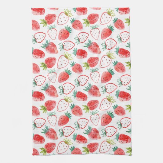 Niedliche Rote Erdbeeren Grüne Blätter Geschirrtuch (Vertikal)