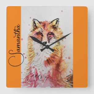 Niedliche Rote Fox Aquarellfarbe Tasse Orange Quadratische Wanduhr