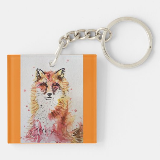 Niedliche Rote Fox Aquarellfarbe Tasse Orange Schlüsselanhänger (Rückseite)