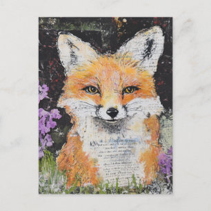 Niedliche Rote Fox-violette Blüten Mischmedien Postkarte