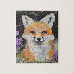Niedliche Rote Fox-violette Blüten Mischmedien Puzzle
