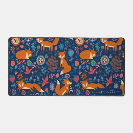 Niedliche rote Füchse und Retro-Blume Schreibtischunterlage (Vorderseite)