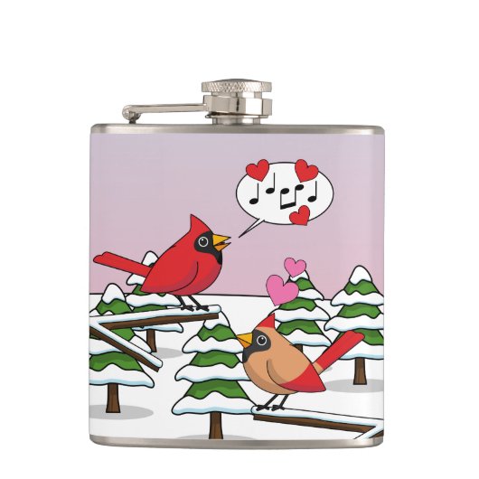 Niedliche Rote Kardinal Liebe Winterlandschaft Flachmann (Vorderseite)