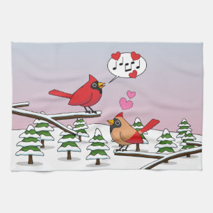 Niedliche Rote Kardinal Liebe Winterlandschaft Geschirrtuch