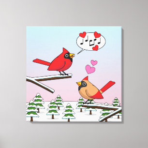 Niedliche Rote Kardinal Liebe Winterlandschaft Leinwanddruck