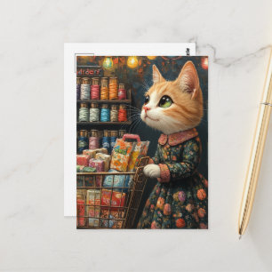 Niedliche rote Katze beim Einkaufen von Lebensmitt Postkarte
