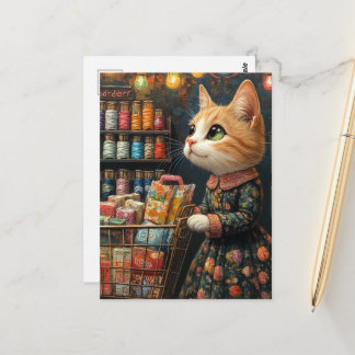 Niedliche rote Katze beim Einkaufen von Lebensmitt Postkarte