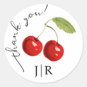 Niedliche Rote Kirschen Danke Black Monogram Runder Aufkleber (Vorderseite)