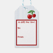 Niedliche Rote Kirschen Obst auf Blaue Streifen De Geschenkanhänger (Rückseite)