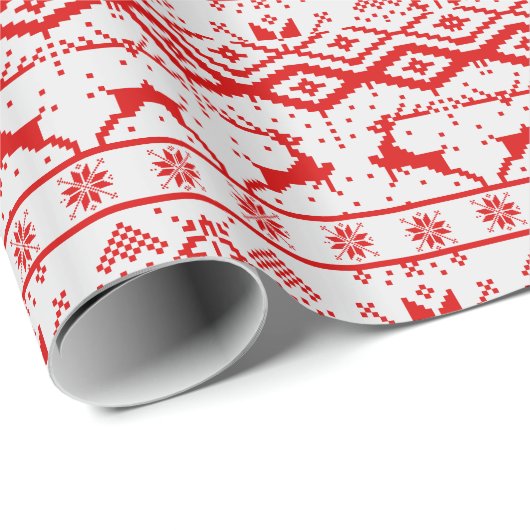 Niedliche Rote Rentiere und Schneeflocken Geschenkpapier (Rolleneckpunkt)