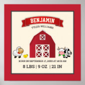 Niedliche rote Scheune Bauernhoftiere Baby Geburts Poster (Vorne)