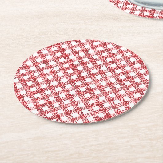 Niedliche rote Spitze kariertes Vintages Bauernnet Runder Pappuntersetzer (Angewinkelt)