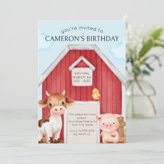 Niedliche Rote Stalltiere und landwirtschaftliche Einladung (Stehend Vorderseite)