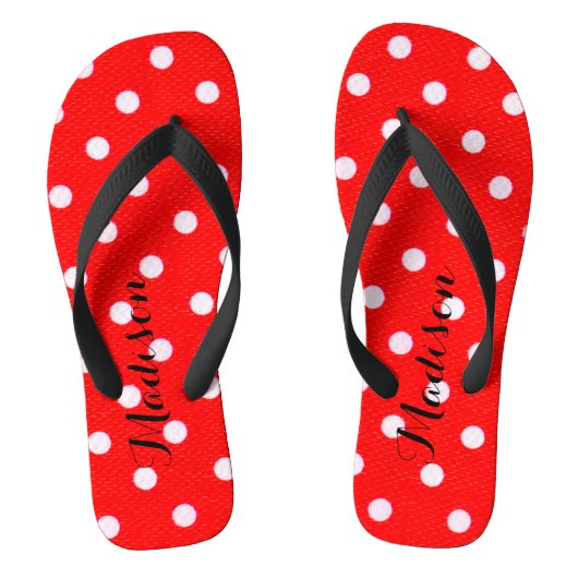 Niedliche Rotpolka-Punkte-Monogramm Flip Flops Badesandalen (Fußbett)