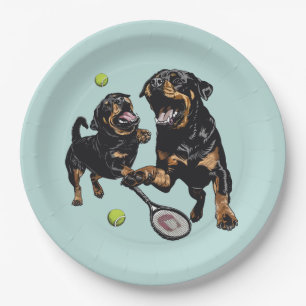 Niedliche Rottweiler Hunde Tennis spielen Pappteller