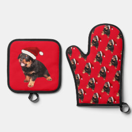 Niedliche Rottweiler-Weihnachtsmannmütze für Welpe Ofenhandschuh & Topflappen-Set