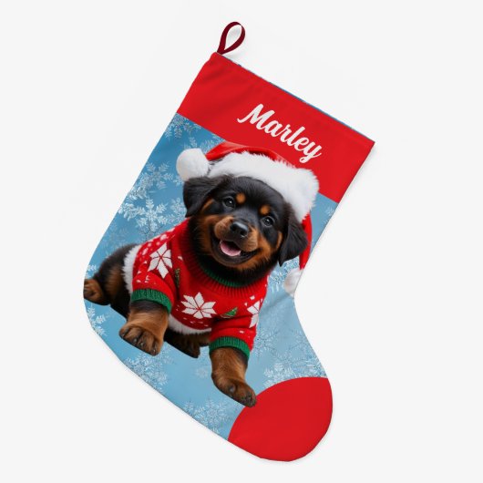 Niedliche Rottweiler Welpe in Sweater Personalisie Großer Weihnachtsstrumpf (Vorderansicht (hängend))