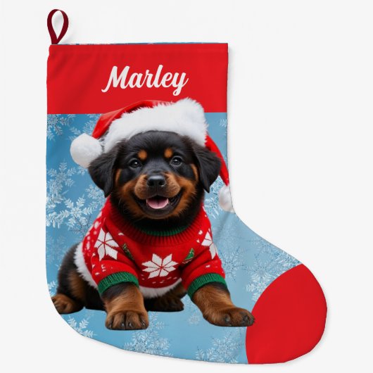 Niedliche Rottweiler Welpe in Sweater Personalisie Großer Weihnachtsstrumpf (Vorderseite)