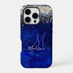Niedliche Royal Blue Gold Imitate Glitzer Monogram iPhone 16 Pro Hülle