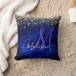 Niedliche Royal Blue Gold Imitate Glitzer Monogram Kissen