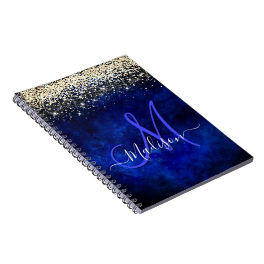 Niedliche Royal Blue Gold Imitate Glitzer Monogram Notizblock (Rechte Seite)