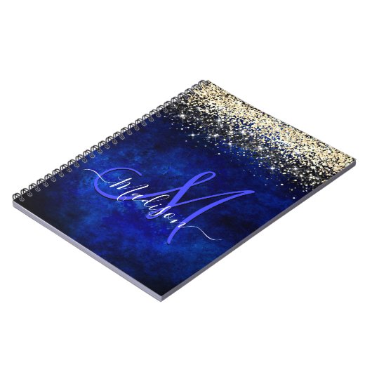 Niedliche Royal Blue Gold Imitate Glitzer Monogram Notizblock (Linke Seite)