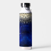 Niedliche Royal Blue Gold Imitate Glitzer Monogram Trinkflasche (Links)