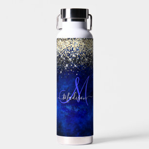 Niedliche Royal Blue Gold Imitate Glitzer Monogram Trinkflasche