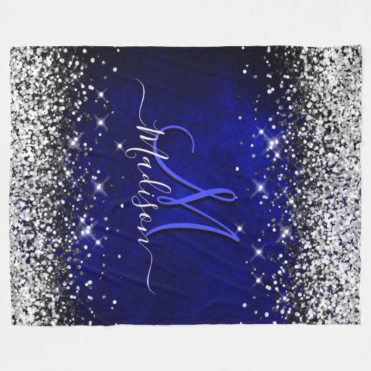 Niedliche Royal Blue Silver Imitate Glitzer Monogr Fleecedecke (Vorderseite (Horizontal))