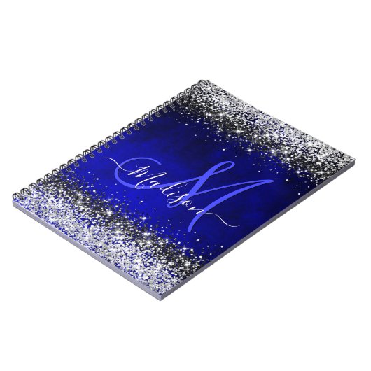 Niedliche Royal Blue Silver Imitate Glitzer Monogr Notizblock (Linke Seite)