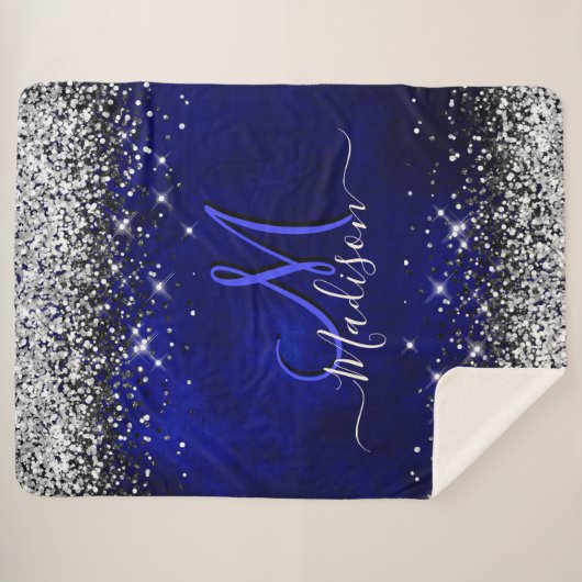 Niedliche Royal Blue Silver Imitate Glitzer Monogr Sherpadecke (Vorderseite (Horizontal))