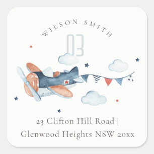 Niedliche Rust Navy Flugzeug Clouds Stars Sky-Adre Quadratischer Aufkleber