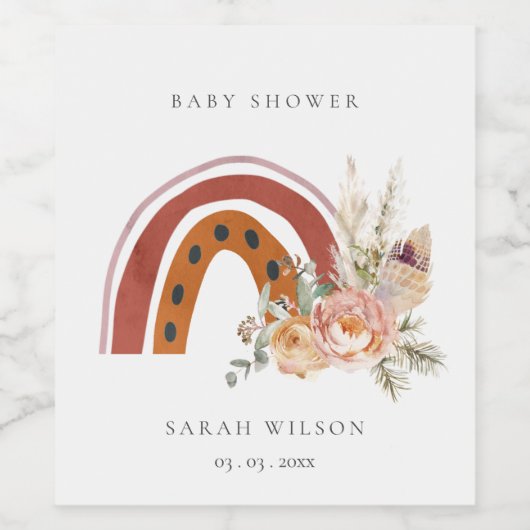 Niedliche Rust Orange Boho Bläsernieder Baby Dusch Weinetikett (Einzelnes Label)