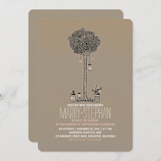 Niedliche rustikale Bäume und Maurerkirschen Hochz Einladung (Vorne/Hinten)