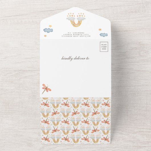 Niedliche Rustikale Boho Rainbow Raindrops Kinderd All In One Einladung (Außenbereich)