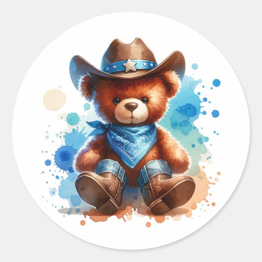 Niedliche rustikale Cowboy Teddy Bear Boy's Babydu Runder Aufkleber (Vorderseite)