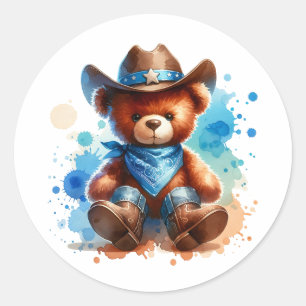 Niedliche rustikale Cowboy Teddy Bear Boy's Babydu Runder Aufkleber