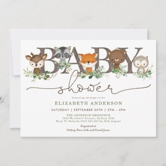 Niedliche Rustikale Holztiere Botanische Babydusch Einladung (Vorderseite)