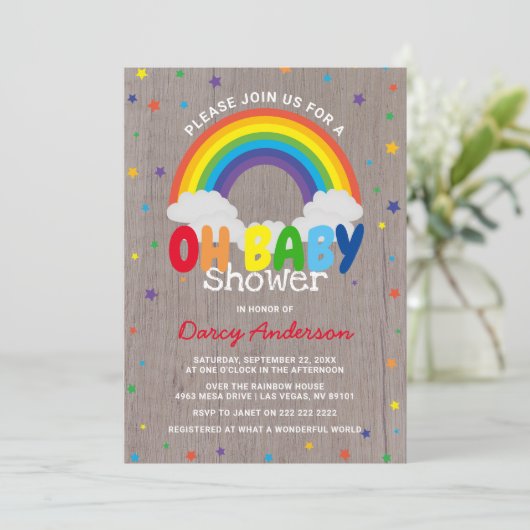 Niedliche Rustikale Rainbow Baby Dusche Einladung (Stehend Vorderseite)