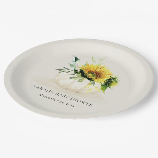 Niedliche rustikale Sonnenblumendusche Pappteller (Schrägansicht)