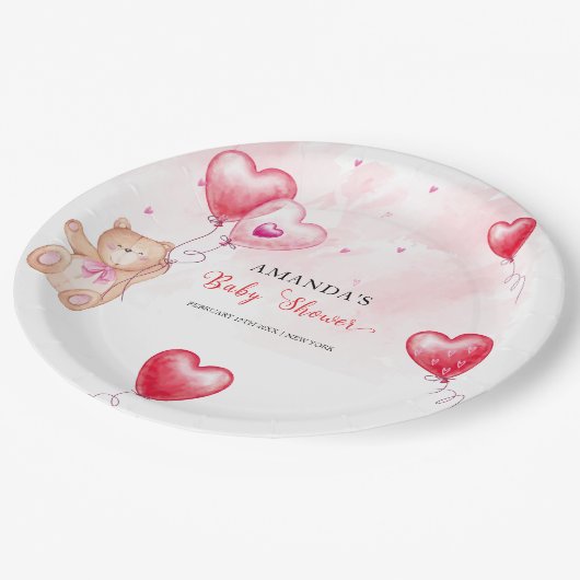 Niedliche Rustikale Teddy Bear Herzchen Balloon Ba Pappteller (Schrägansicht)