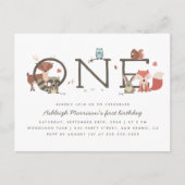 Niedliche Rustikale Waldtiere erste Geburtstagspar Einladungspostkarte (Vorderseite)