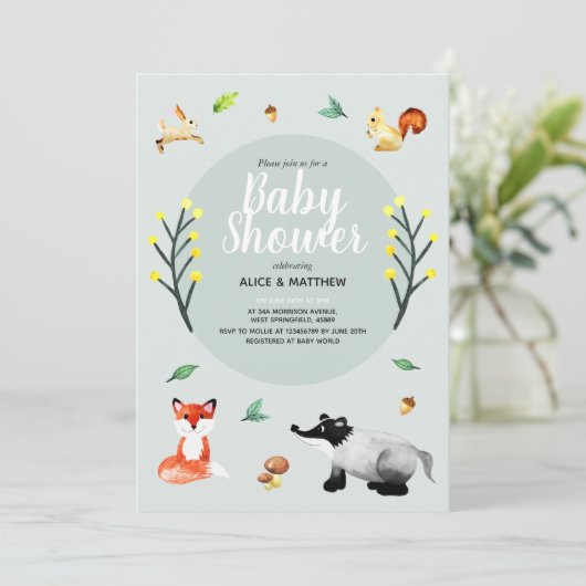 Niedliche Rustikale Waldtiere Kinderdusche Einladung (Stehend Vorderseite)