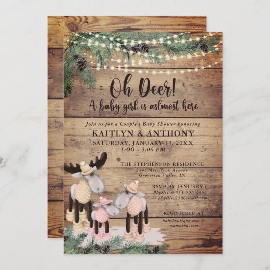 Niedliche rustikale Winter Deer Couple Baby Girl D Einladung (Vorne/Hinten)