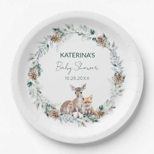 Niedliche rustikale Winterwaldlandtiere Kinderdusc Pappteller (Vorderseite)