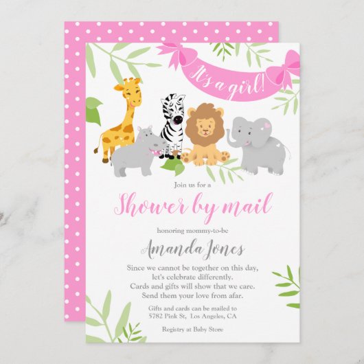 Niedliche Safari Animals Baby Dusche Mädchen Einla Einladung (Vorne/Hinten)