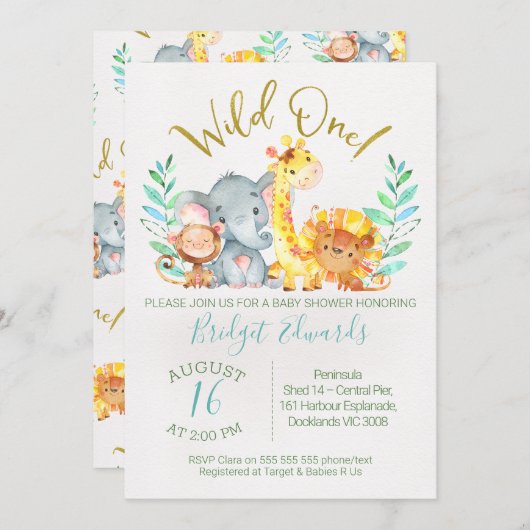 Niedliche Safari Animals Kinderdusche Einladung (Vorne/Hinten)