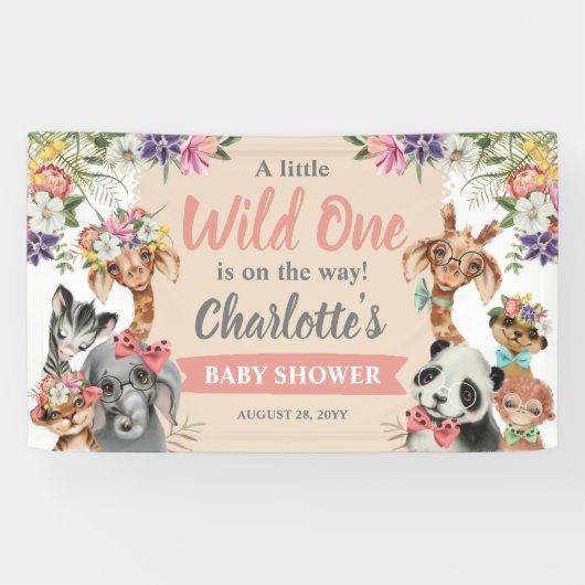 Niedliche Safari Animals Wild One Girl Baby Dusche Banner (Horizontal)